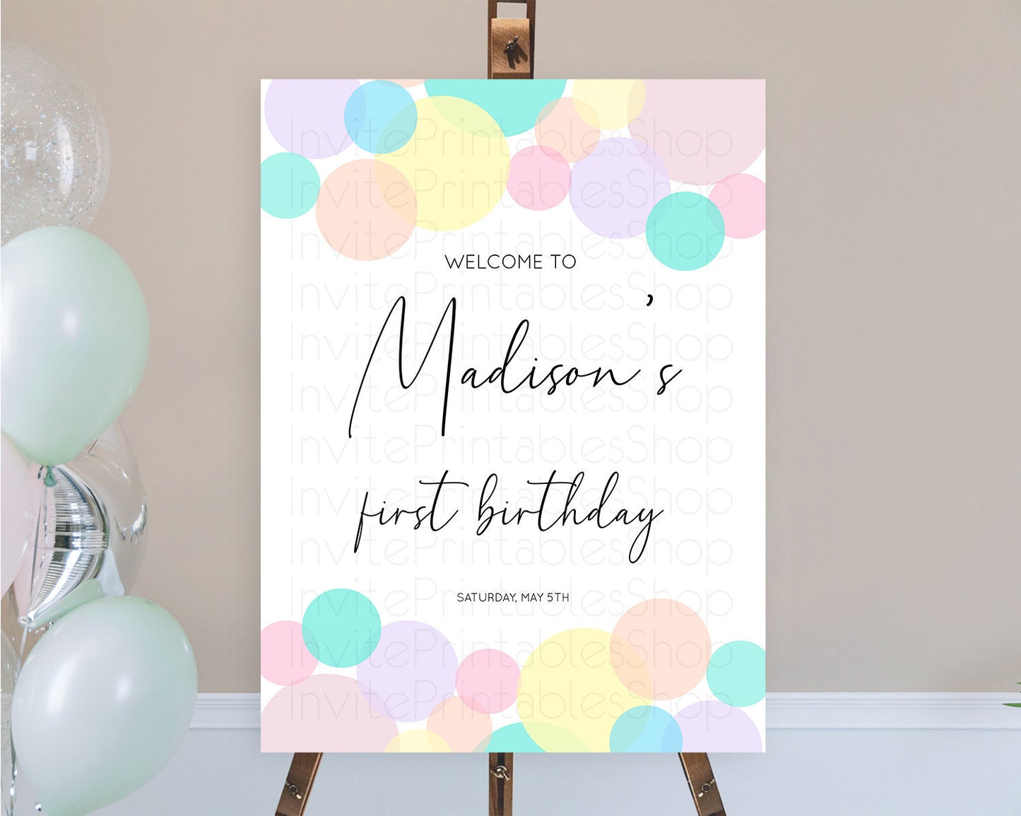 Rainbow Welcome Sign Pastel Welcome Board Pastel Rainbow Confetti Welcome Sign Colorful Bubbles Pastel First Birthday Welcome Sign D10784