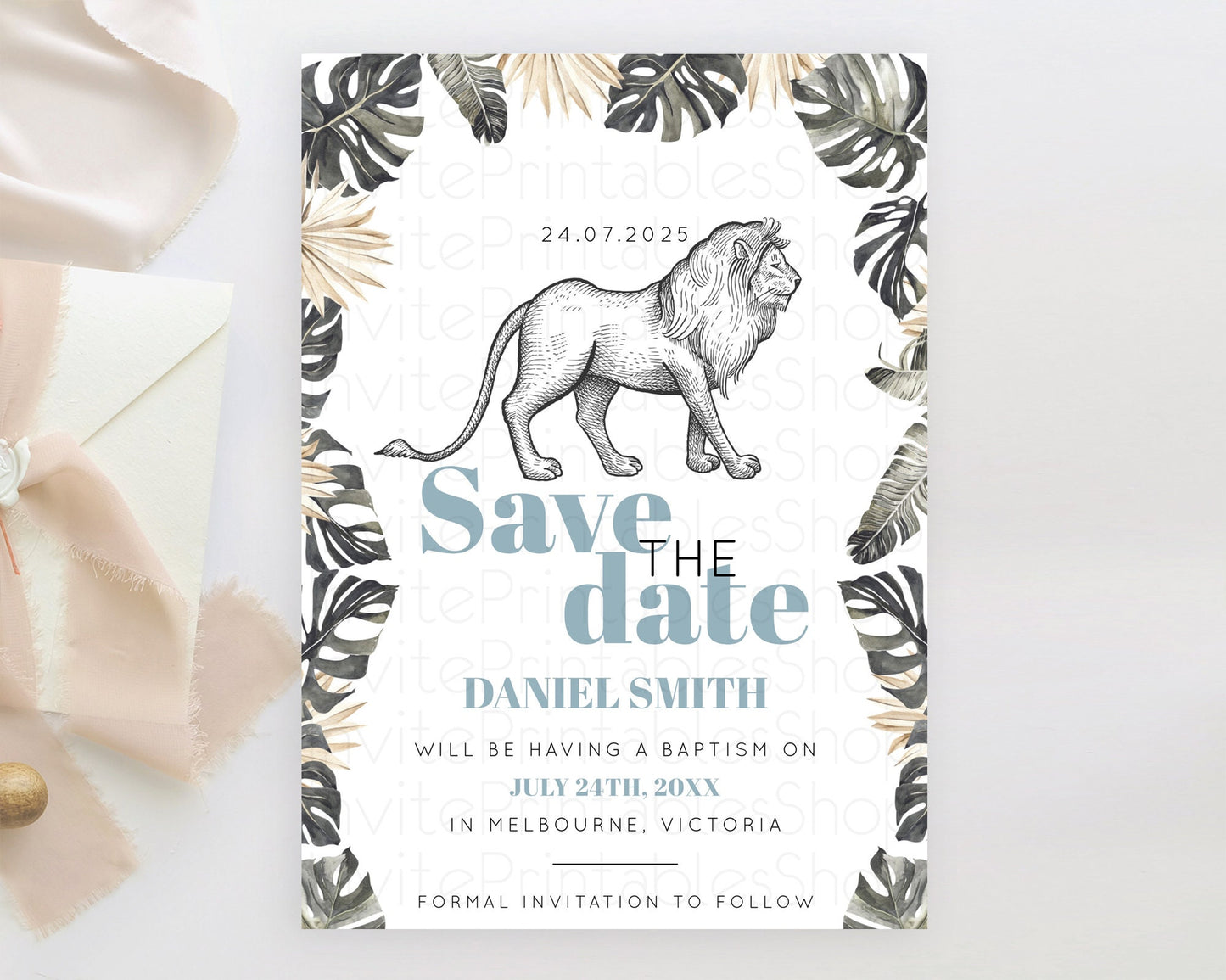 Lion Save The Date Template Lion Safari Adventure Party Dried Palm Ferns Zoo 1st Birthday Baptism Baby Shower Bridal Shower Wedding D10807