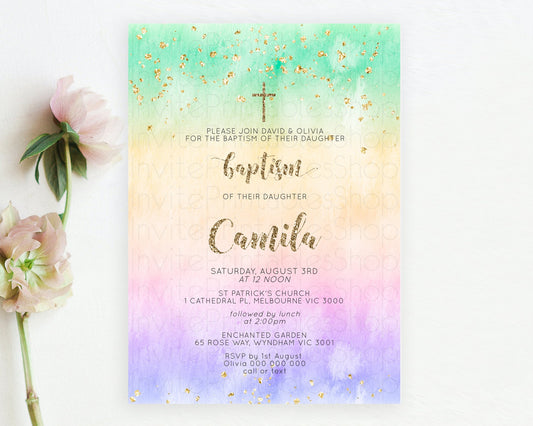 Pastel Baptism Invitation Pastel Colors Watercolor Baptism 1st Birthday Party Gold Ombre Pastel Rainbow Christening Holy Communion D10478