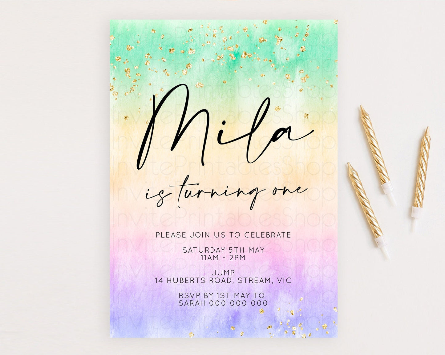 Rainbow Birthday Invitation Colorful Pastel Watercolor Invitation Gold Glitter Sprinkles Ombre Pastel 1st 2nd 3rd Birthday D10481