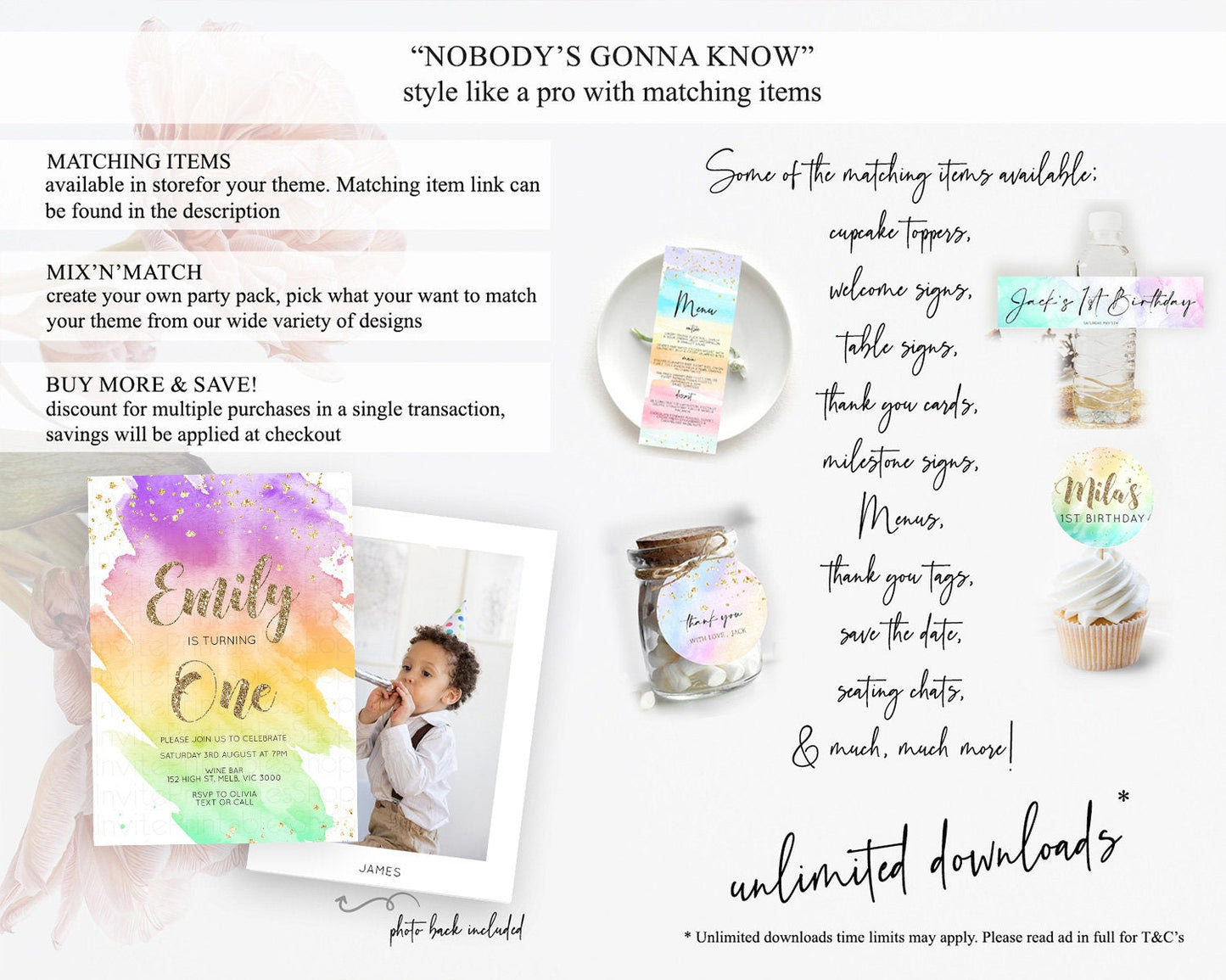 Rainbow Birthday Invitation Colorful Pastel Watercolor Invitation Gold Glitter Sprinkles Ombre Pastel 1st 2nd 3rd Birthday D10517
