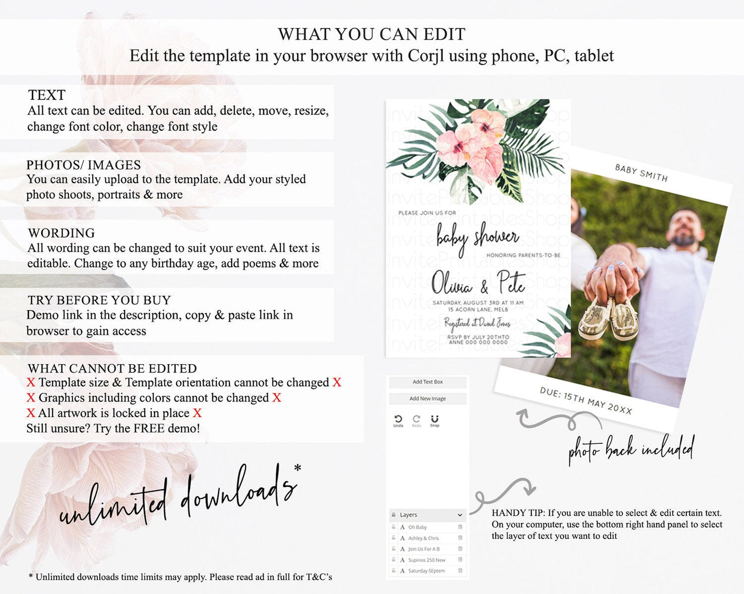 Tropical baby Shower Invitation Tropical Floral Baby Shower Invitation Palm Leaf Fern Invitation Frangipani White Orchid Invitation D11017