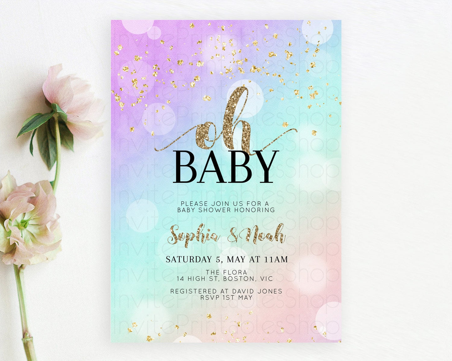 Pastel Baby Shower Invitation Rainbow Baby Shower Invitation Colorful Pastel Watercolor Invitation Gold Glitter Sprinkles Ombre D10621