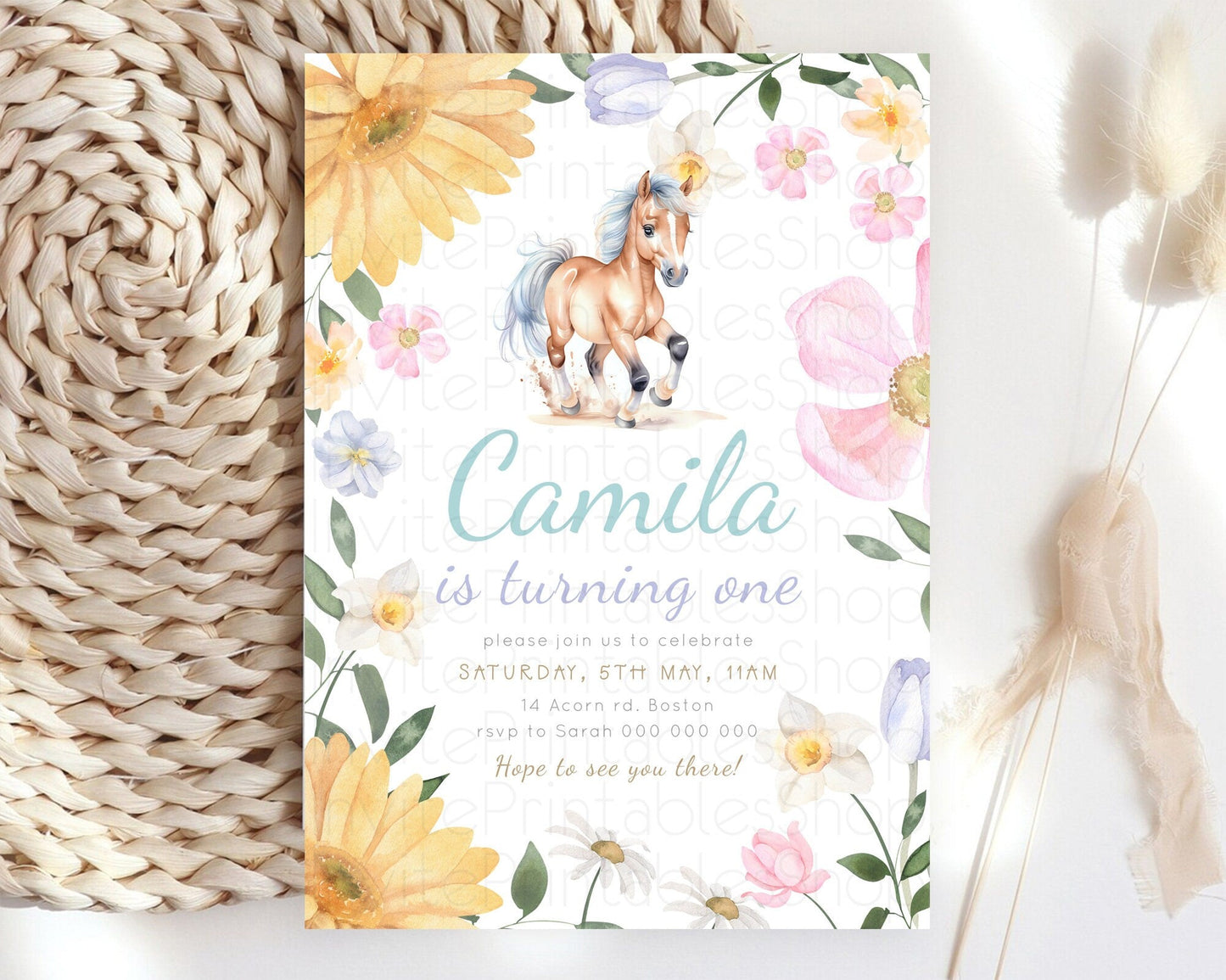 Horse Birthday Invitation, Galloping Wildflower Fields, Pastel Flowers, Butterflies, Flowers Accents for Equestrian & Cowgirls d23380