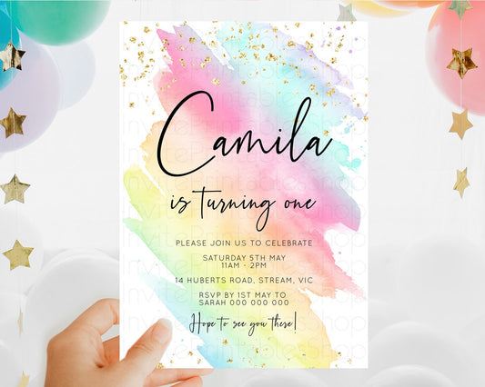 Editable Rainbow Birthday Invitation Colorful Pastel Watercolor Invitation G