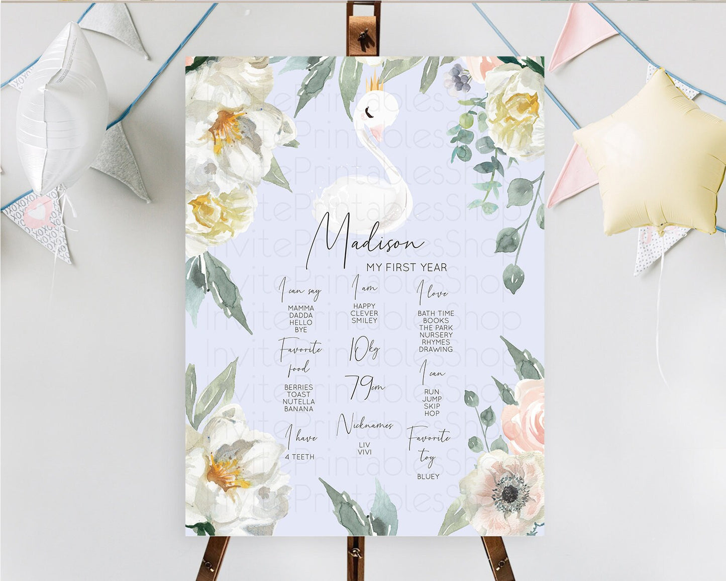 Swan First Birthday Milestone Poster Swan Princess Ballet Milestone Board Enchanted Forest Swan Lake Secret Garden Pastel Floral D10756