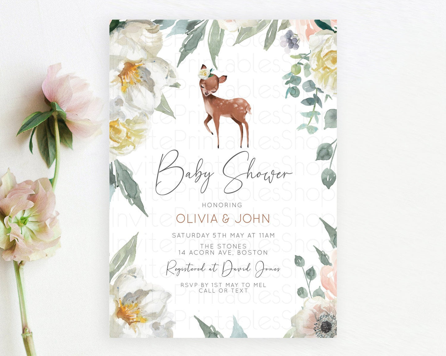 Fawn Baby Shower Invitation Deer Baby Shower Invites Enchanted Forest Theme Butterfly Pastel Flowers Whimsical Baby Shower D11030