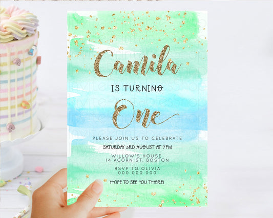 Green Birthday Invitation green Watercolor Invitation Pastel green Watercolor Invitation green Splash Gold Invitation First Birthday D23276