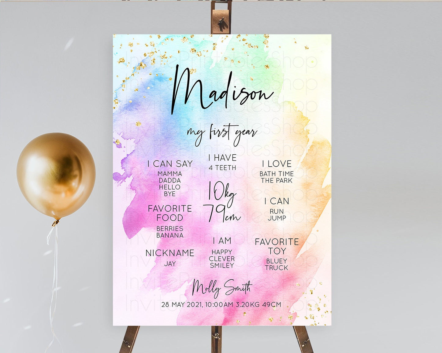 Pastel First Birthday Milestone Board Pastel Rainbow Milestone Poster Colorful Confetti Watercolor Glitter 1st Birthday Welcome Sign D10449