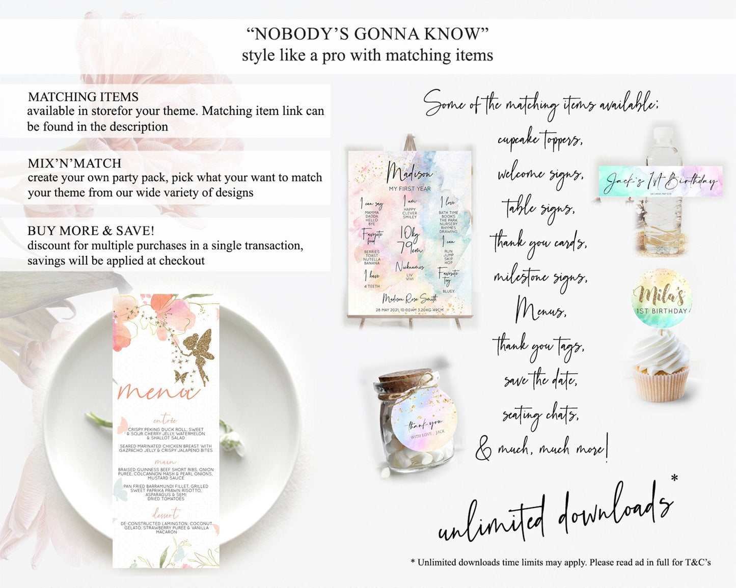 Fairy Menu Fairy Menu Template Enchanted Garden Pastel Floral Butterfly Table Decor Fairy Secret Garden Dinner Dessert Food Menu D10934