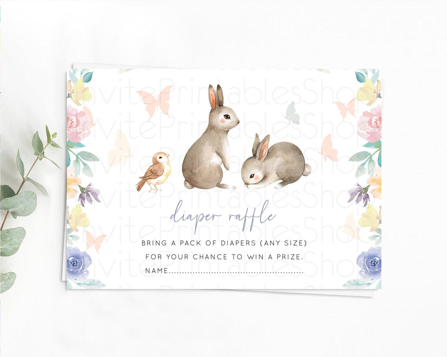 Bunny Diaper Raffle Card Floral Bunny Diaper Raffle Insert Pastel Flowers Woodland Bunny Diaper Ticket Forest Bunny Raffle Game D10928