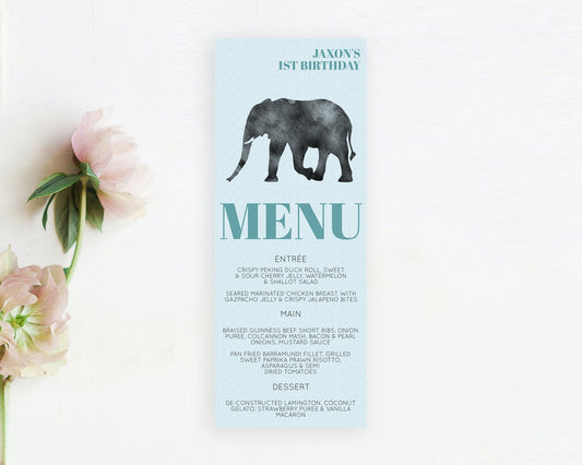 Elephant Menu Elephant Menu Template Elephant Safari Zoo Table Decor Elephant Dinner Dessert Menu Elephant Party Food Menu D10802