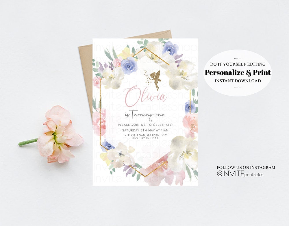 Fairy Birthday Invitation Enchanted Garden Fairytale Watercolor Glitter Floral Pastel Pink Blue Yellow Flowers Template