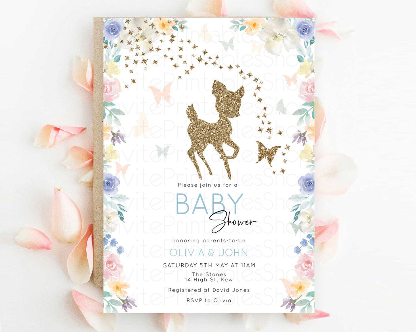 Deer Baby Shower Invitation, Enchanted Forest, Secret Garden, Pastel Green, Orange, Pink Floral, Butterflies, Whimsical Glitter Magic D10878