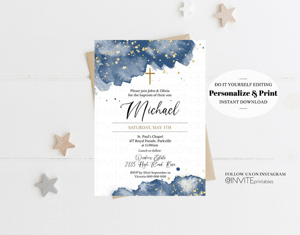 Navy Blue Gold Watercolor Baptism Invitation Pastel Navy Splash Christening Invitation Glitter Sprinkles Invite Cross Holy Communion