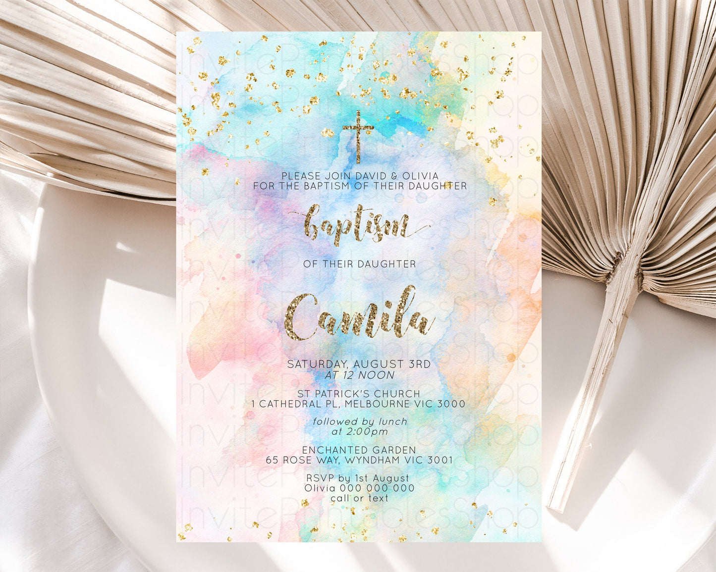 Pastel Baptism Invitation Pastel Colors Watercolor Baptism 1st Birthday Party Gold Ombre Pastel Rainbow Christening Holy Communion D10261