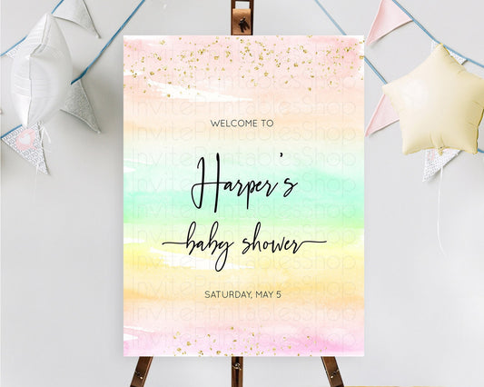 Pastel Baby Shower Welcome Sign Pastel Rainbow Welcome Sign Colorful Rainbow Confetti Watercolor Glitter Décor Pastel  Welcome Sign D10591