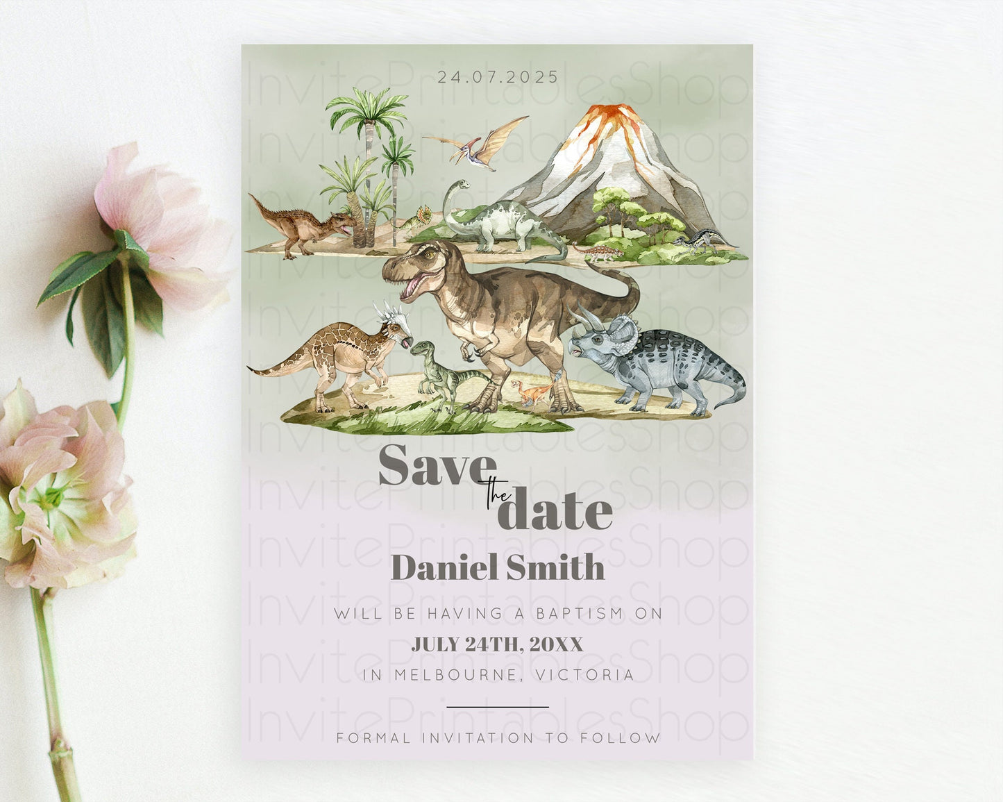 Dinosaur Save The Date Template Dinosaur Volcano Watercolor Volcano T-Rex Raptor Jurassic Party 1st Birthday Baptism Baby Shower D10671