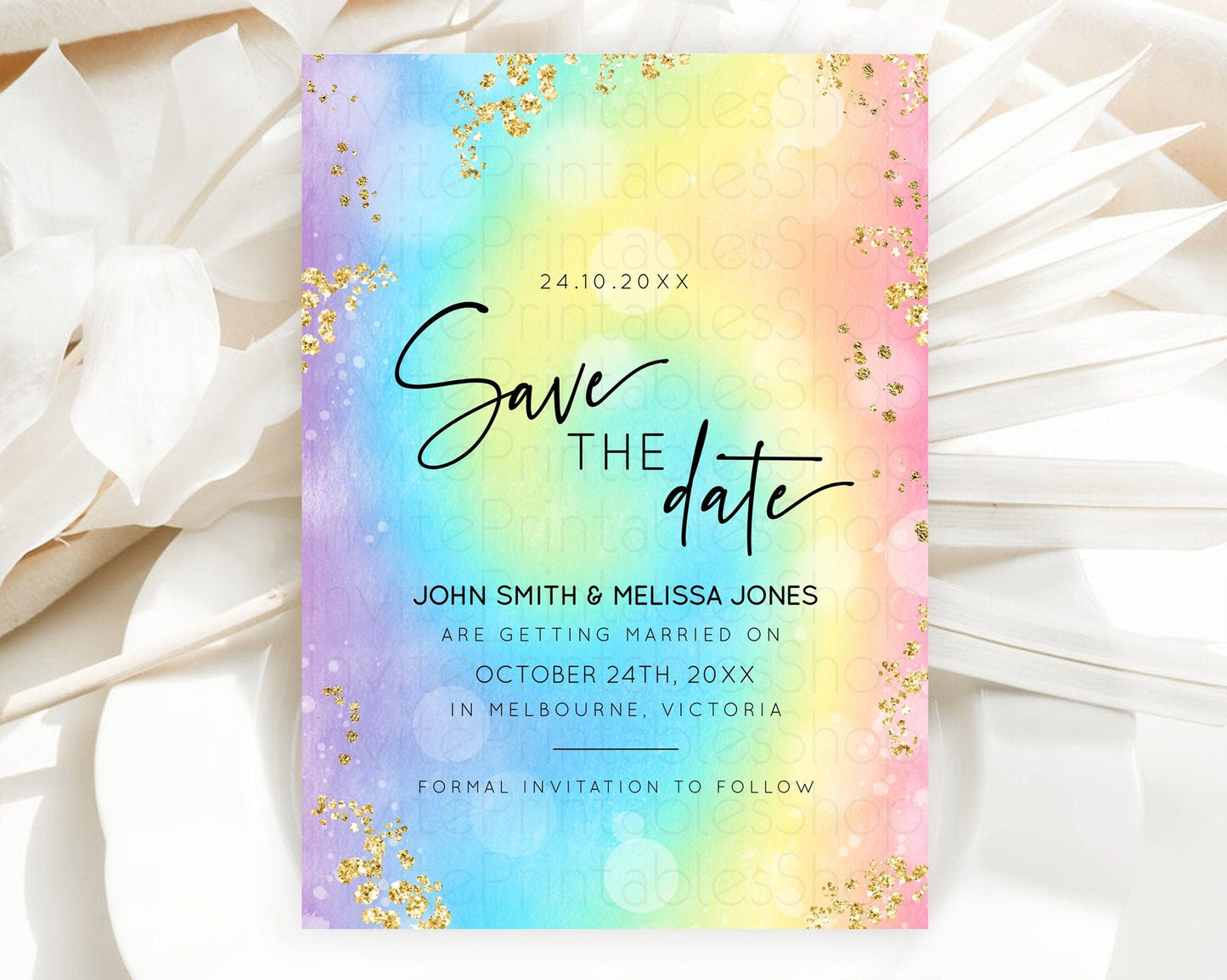 Tie Dye Save The Date Template Rainbow Pastel Ombre Watercolor Party For 1st Birthday Baptism Baby Shower Bridal Shower Wedding D10568