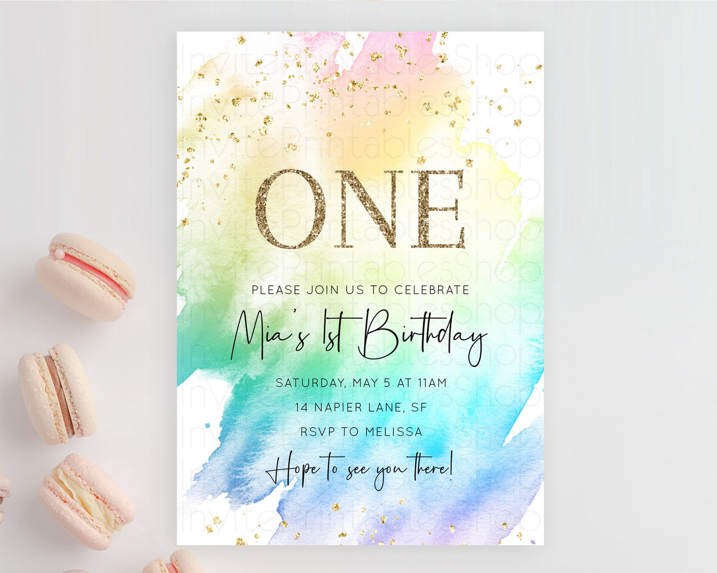 Rainbow Birthday Invitation Colorful Pastel Watercolor Invitation Gold Glitter Sprinkles Ombre Pastel 1st 2nd 3rd Birthday D10279