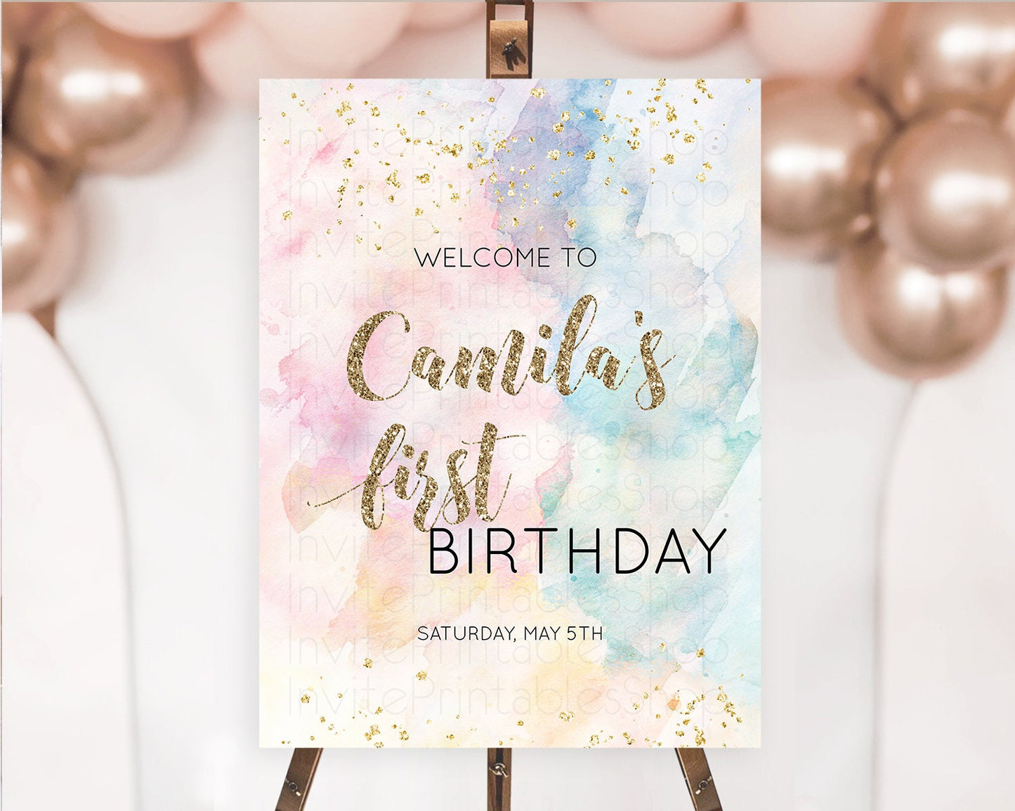 Pastel Welcome Sign Pastel Rainbow Welcome Sign Colorful Rainbow Confetti Watercolor Glitter Pastel First Birthday Welcome Sign D10264