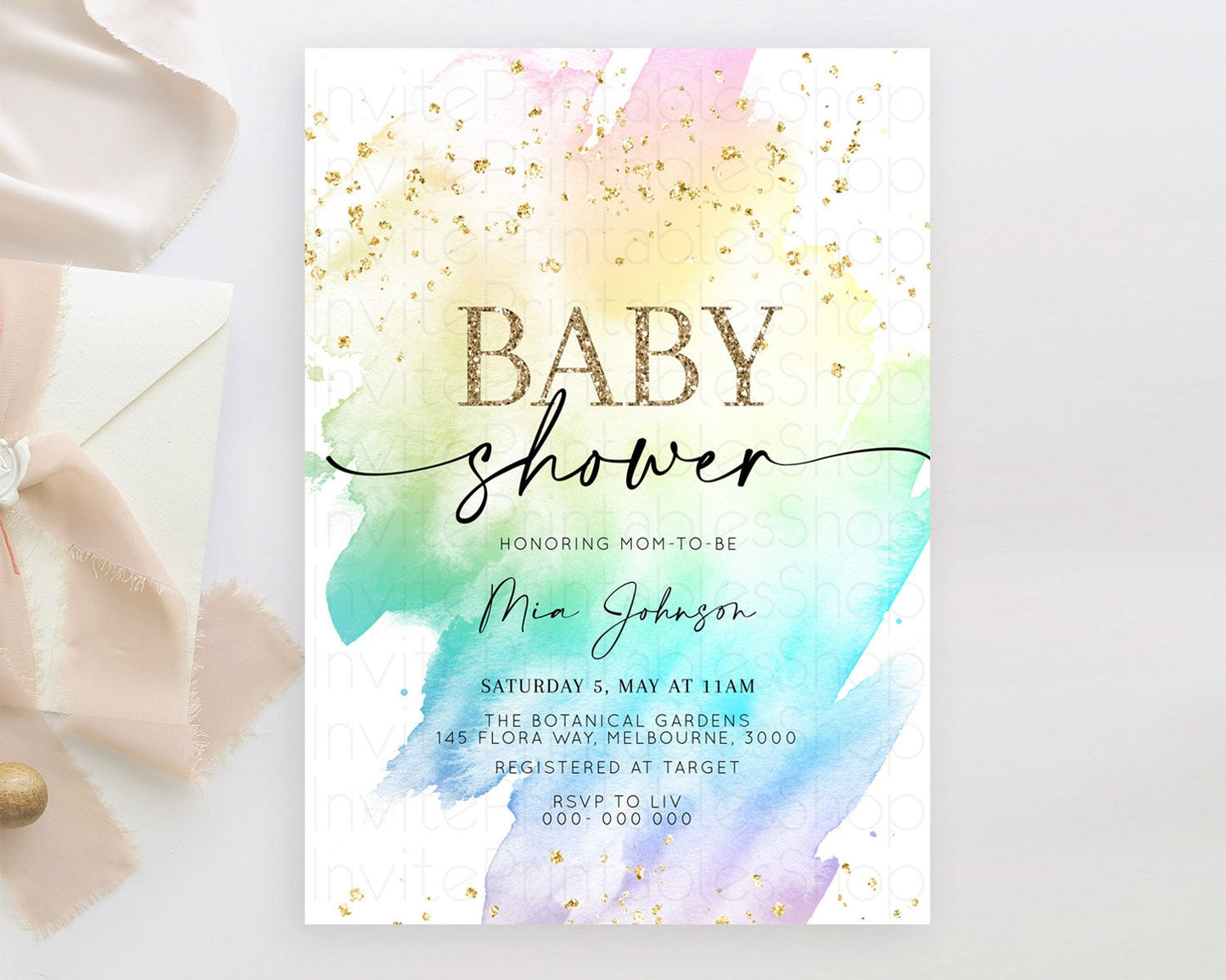 Pastel Rainbow Baby Shower Invitation, Colorful Watercolor Splash, Gold Glitter Confetti Sprinkles, Ombre Pink, Yellow, Blue, Purple D11028