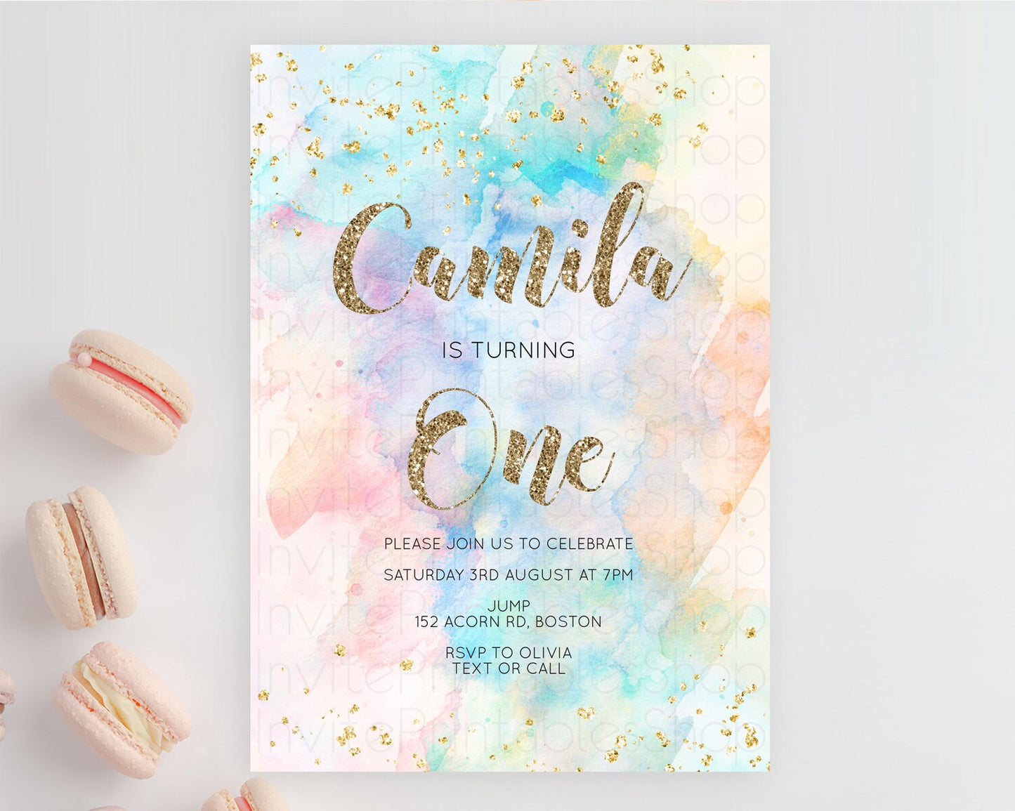 Rainbow Birthday Invitation Colorful Pastel Watercolor Invitation Gold Glitter Sprinkles Ombre Pastel 1st 2nd 3rd Birthday D10261