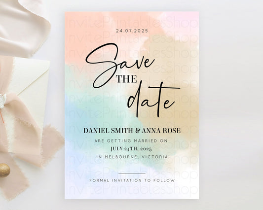 Editable Pastel Save The Date Template Pastel Ombre Rainbow Watercolor Color