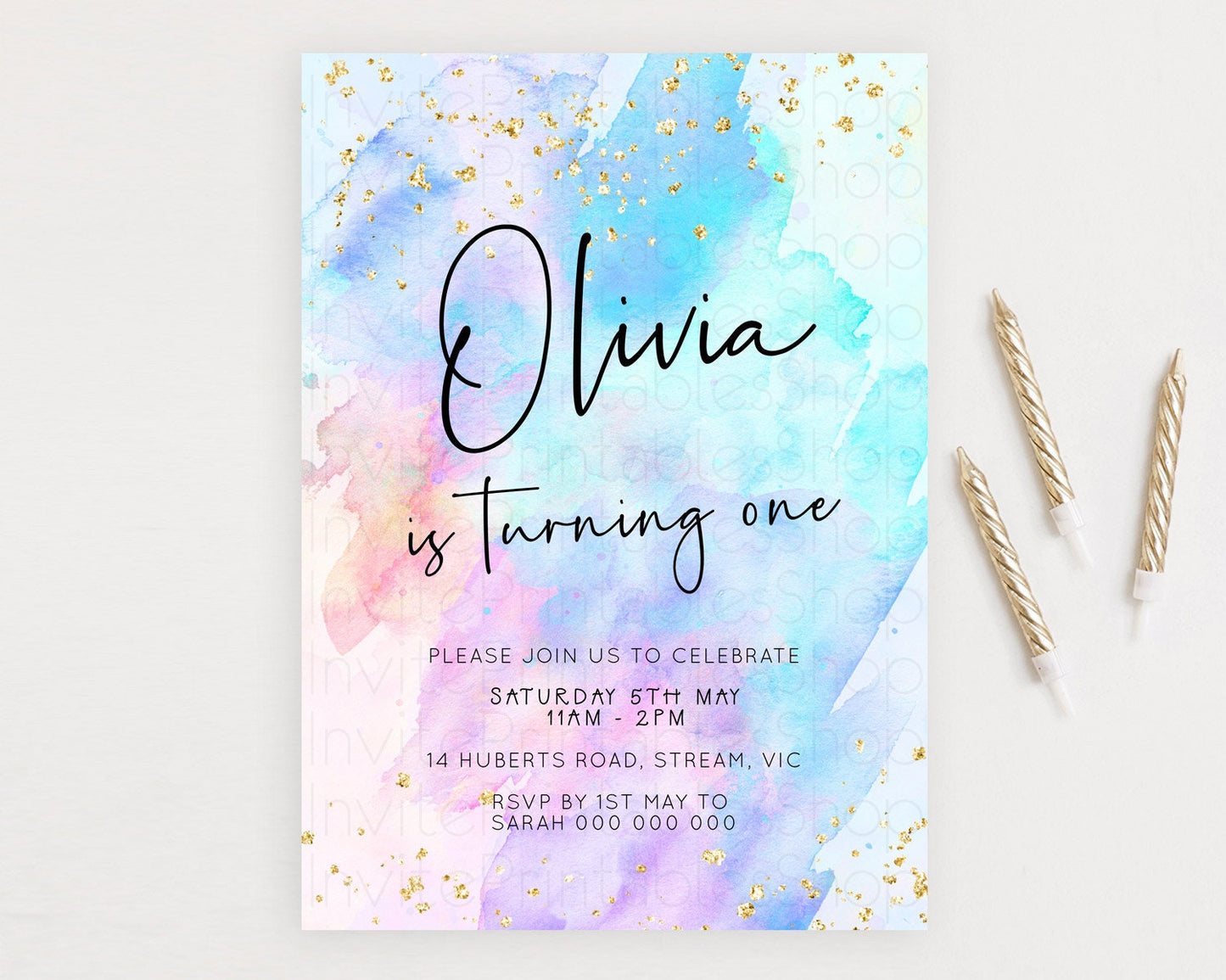 Pastel Birthday Invitation Ombre Watercolor Birthday Invitation Glitter Rainbow Color Splash 1st 2nd 3rd Birthday Invitation D23062