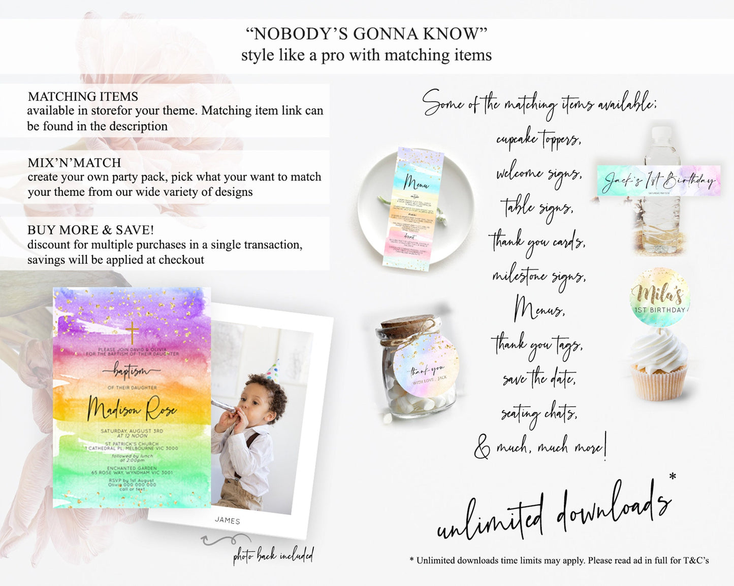 Pastel Baptism Invitation Pastel Colors Watercolor Baptism 1st Birthday Party Gold Ombre Pastel Rainbow Christening Holy Communion D10524