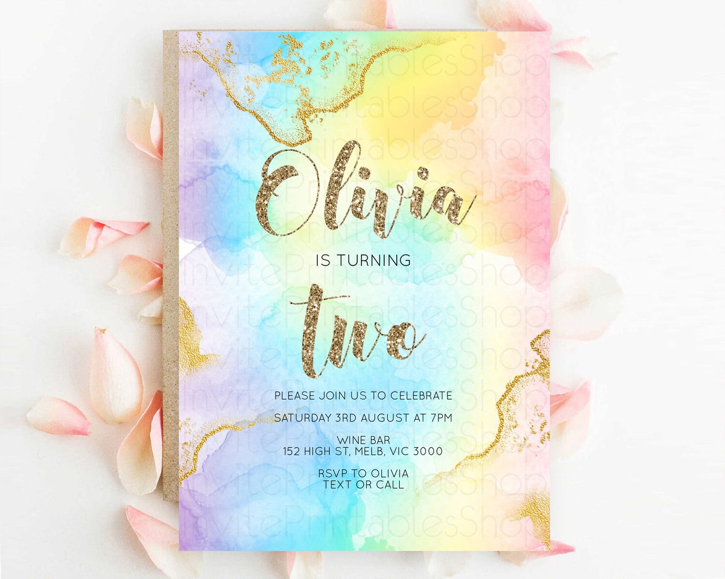 Rainbow Birthday Invitation Colorful Pastel Watercolor Invitation Gold Glitter Sprinkles Ombre Pastel 1st 2nd 3rd Birthday D10589