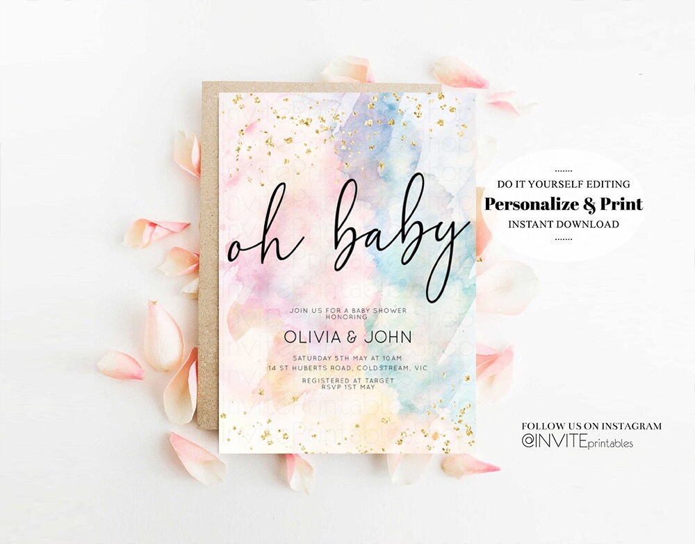 Rainbow Baby Shower Invitation Pastel Watercolor Invitation Colorful Splash Gold Splatter Glitter Foil Sprinkles Confetti Editable