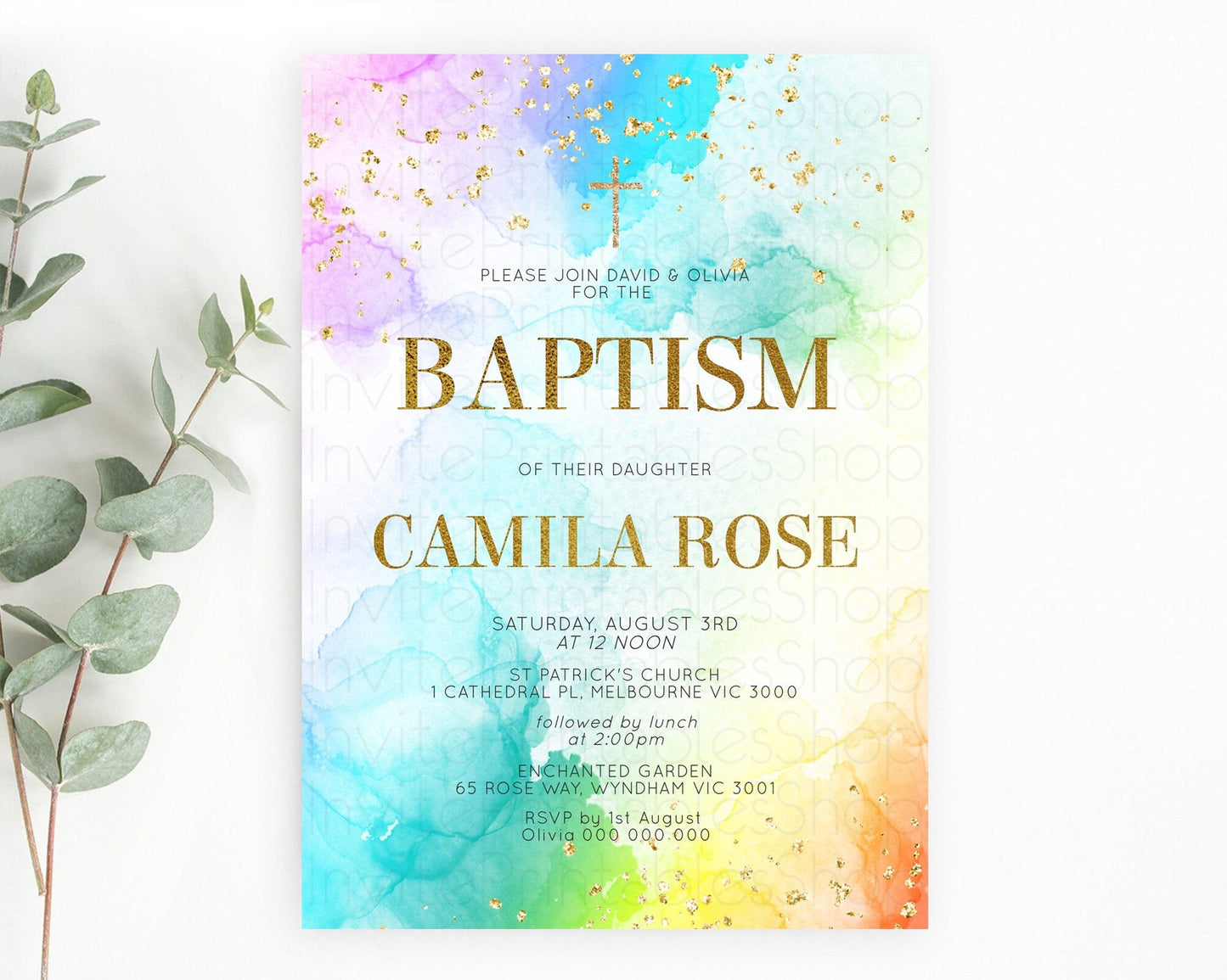 Pastel Baptism Invitation Pastel Colors Watercolor Baptism 1st Birthday Party Gold Ombre Pastel Rainbow Christening Holy Communion D10961