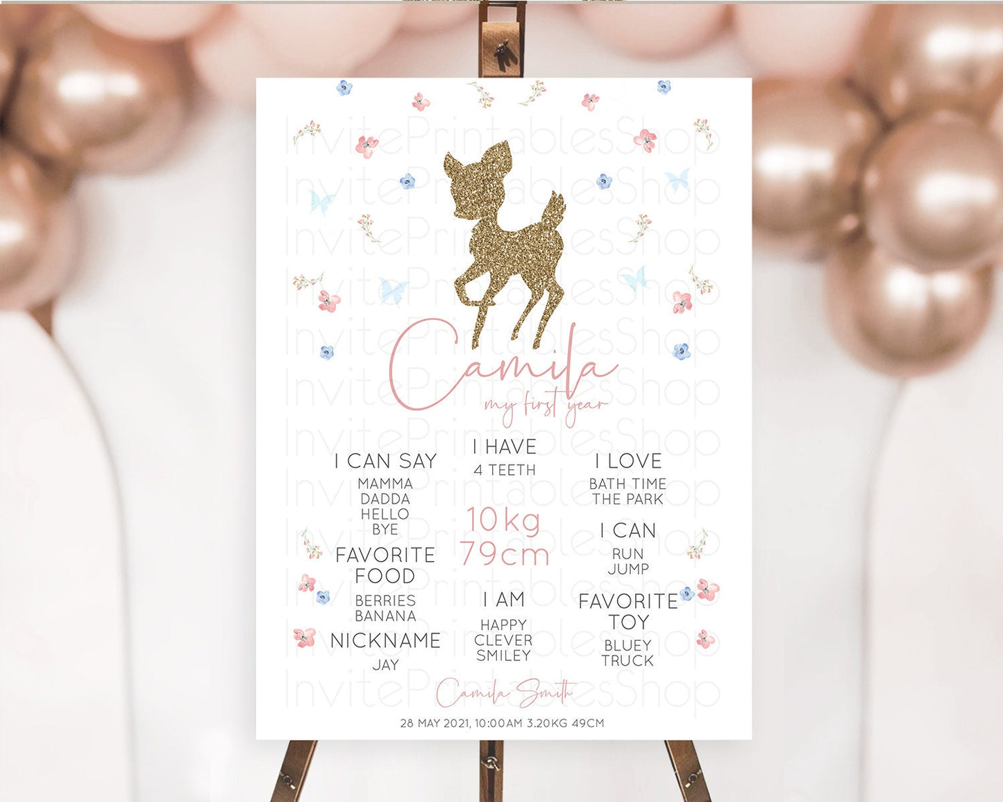 Fawn First Birthday Milestone Board Deer First Birthday Milestone Poster Enchanted Forest Butterfly Pastel Flowers 1st Birthday Sign D10359