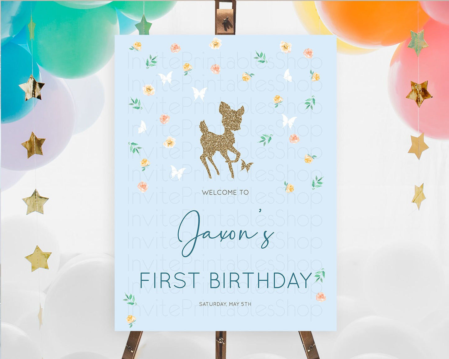 Fawn Welcome Sign Deer Welcome Board Floral Deer Welcome Poster Enchanted Forest Butterfly Pastel Floral First Birthday Welcome Sign D10902