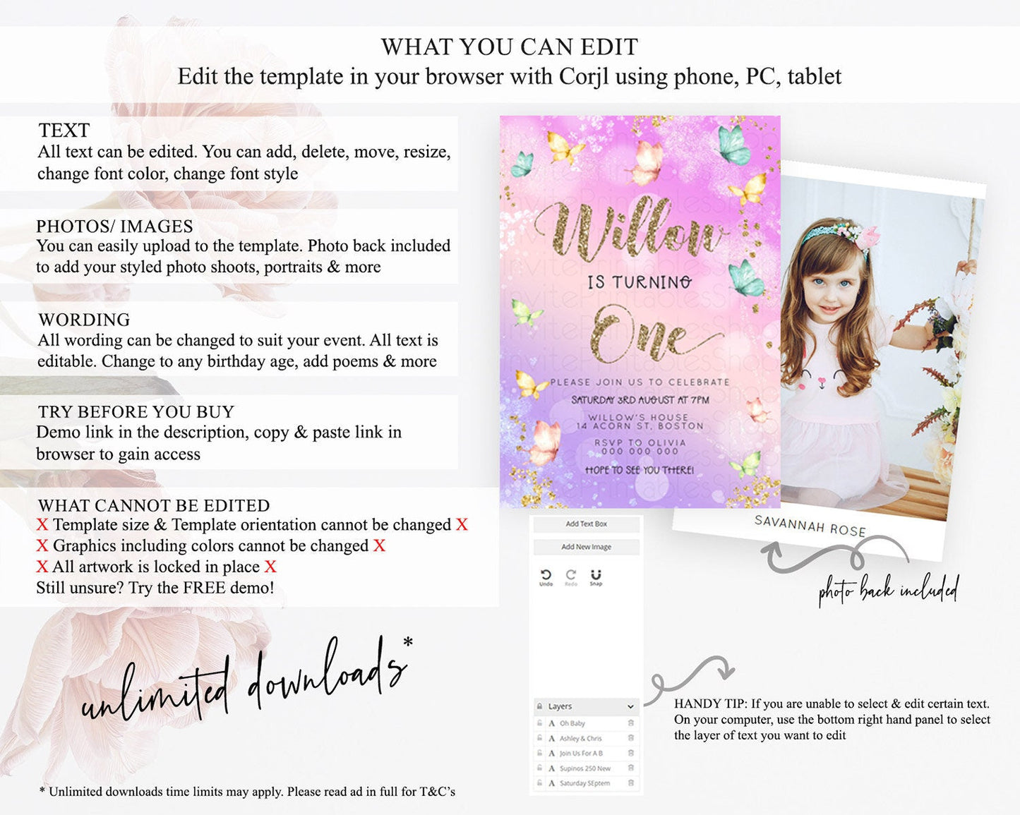Pastel Butterfly Birthday Invitation Butterfly Birthday Invitation Colorful Splash Glitter Butterfly Garden 1st 2nd Birthday D23092