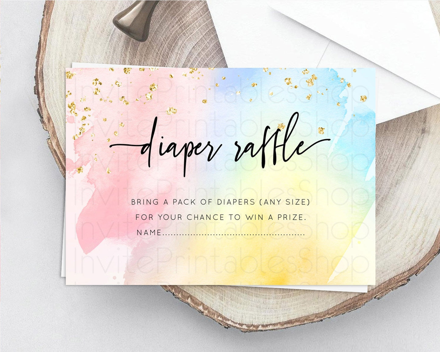 Pastel Diaper Raffle Card Pastel Rainbow Diaper Raffle Insert Colorful Ombre Watercolor Diaper Ticket Confetti Glitter Raffle Game D10557