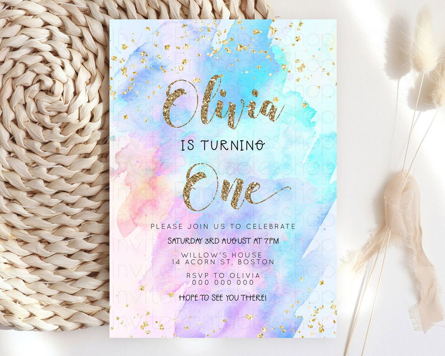 Rainbow Birthday Invitation Colorful Pastel Watercolor Invitation Gold Glitter Sprinkles Ombre Pastel 1st 2nd 3rd Birthday D23293