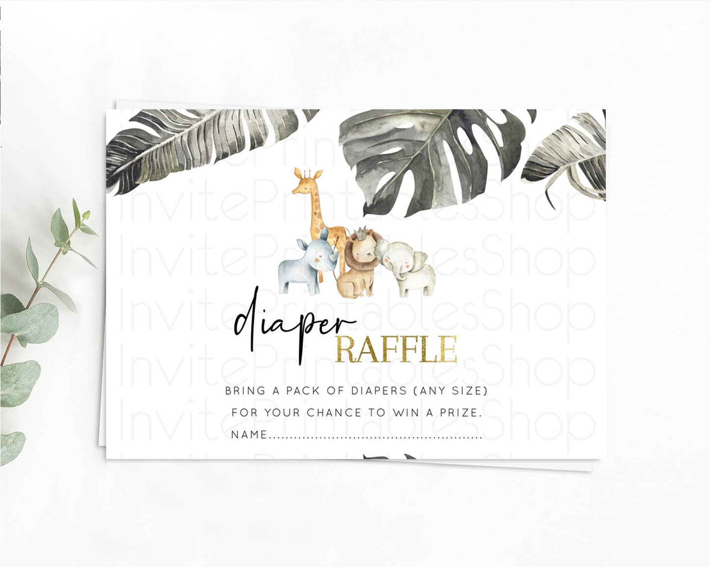 Safari Diaper Raffle Card Safari Diaper Raffle Insert Lion Gorilla Elephant Rhino Diaper Ticket Tropical Palm Zoo Raffle Game D10599