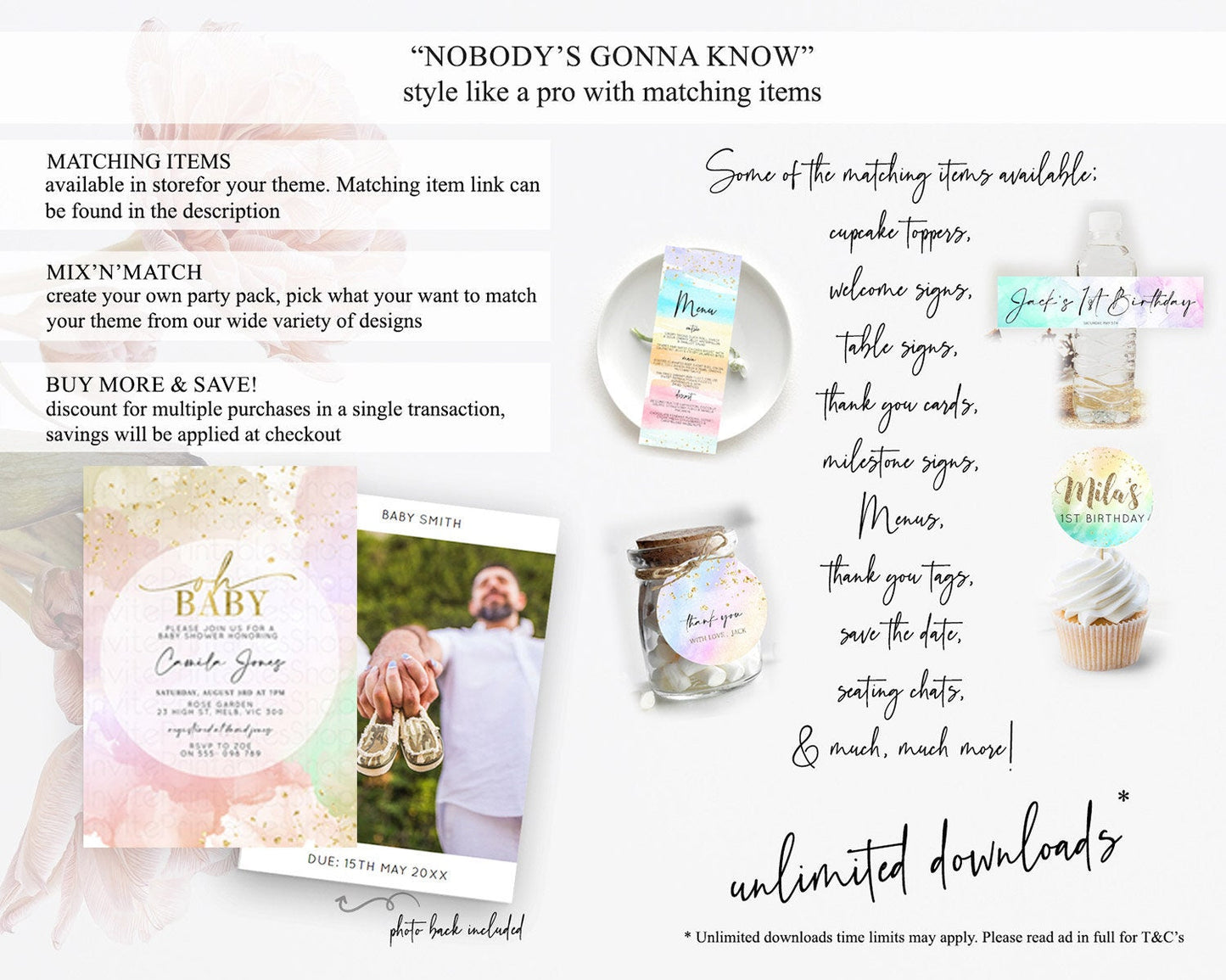 Pastel Rainbow Baby Shower Invitation, Colorful Watercolor with Gold Glitter Sprinkles and Ombre Clouds in Pink, Gold, and Green D10627