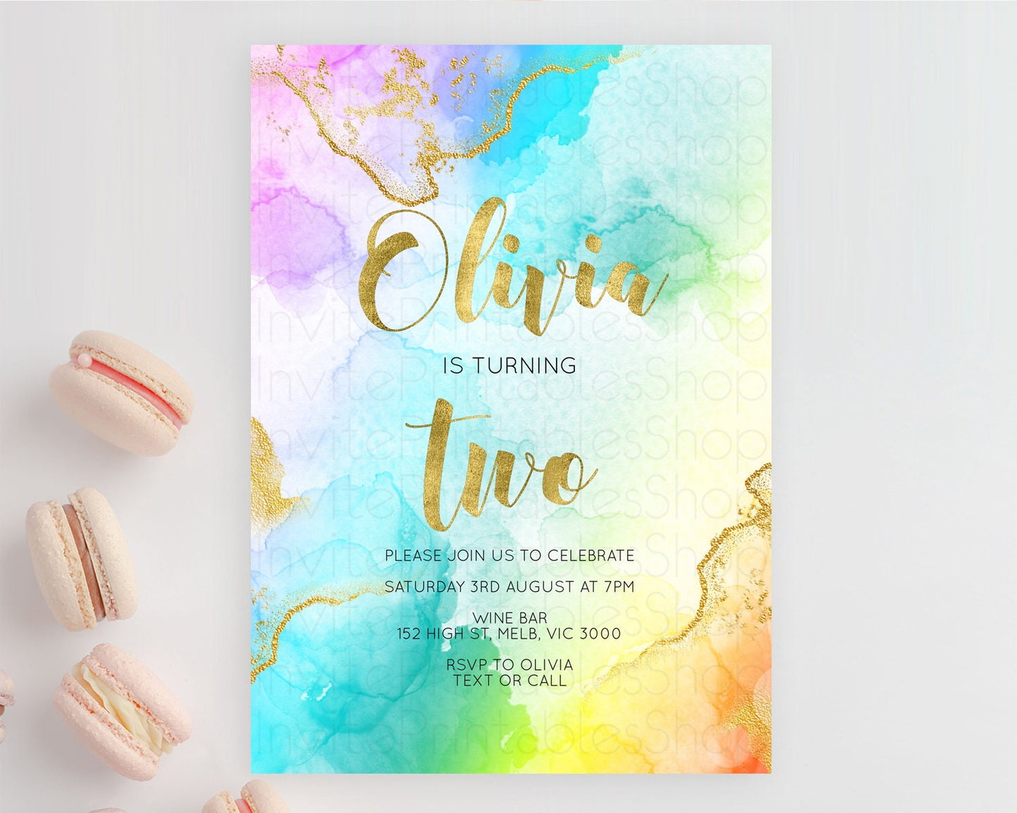 Editable Rainbow Birthday Invitation Colorful Pastel Watercolor Invitation G