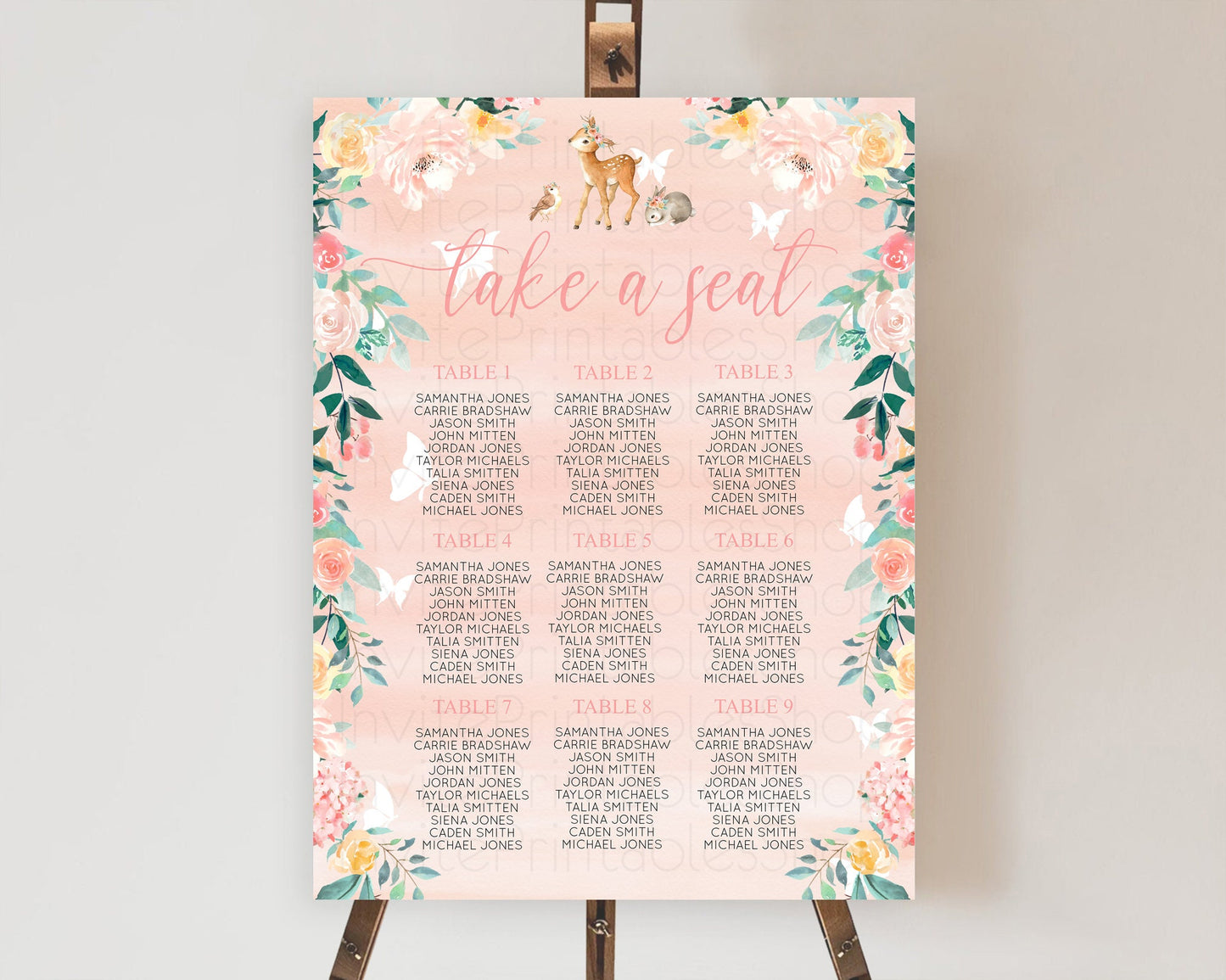 Fawn Seating Chart Deer Seating Chart Enchanted Forest Party Butterfly Pastel Flowers Whimsical Seating Chart Woodland Seating Sign D10921