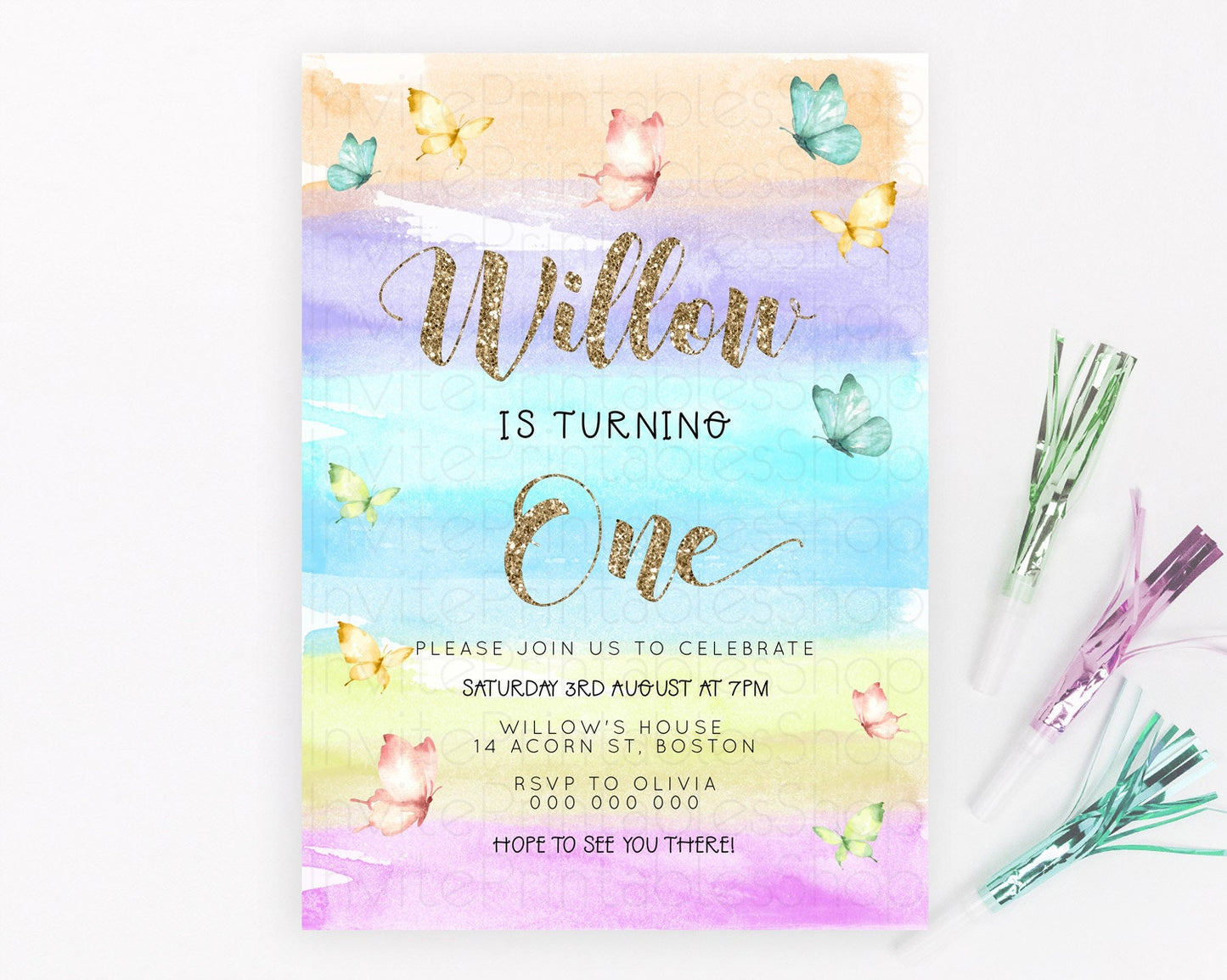 Pastel Butterfly Birthday Invitation Butterfly Birthday Invitation Colorful Splash Glitter Butterfly Garden 1st 2nd Birthday D23224