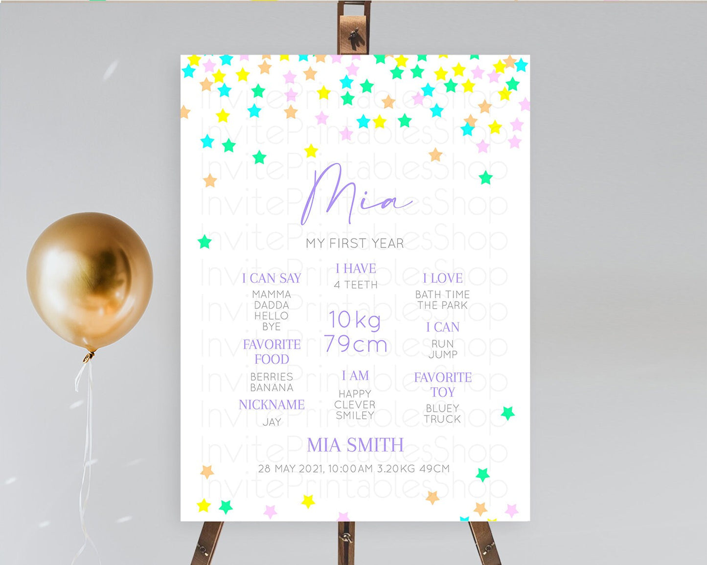 Star First Birthday Milestone Poster Pastel Stars Milestone Shooting Star Rainbow Colorful Confetti Twinkle Little Star 1st Birthday D10395
