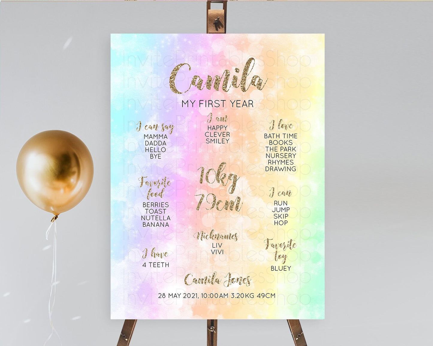 Pastel First Birthday Milestone Board Pastel Rainbow Milestone Poster Colorful Confetti Watercolor Glitter 1st Birthday Welcome Sign D10648