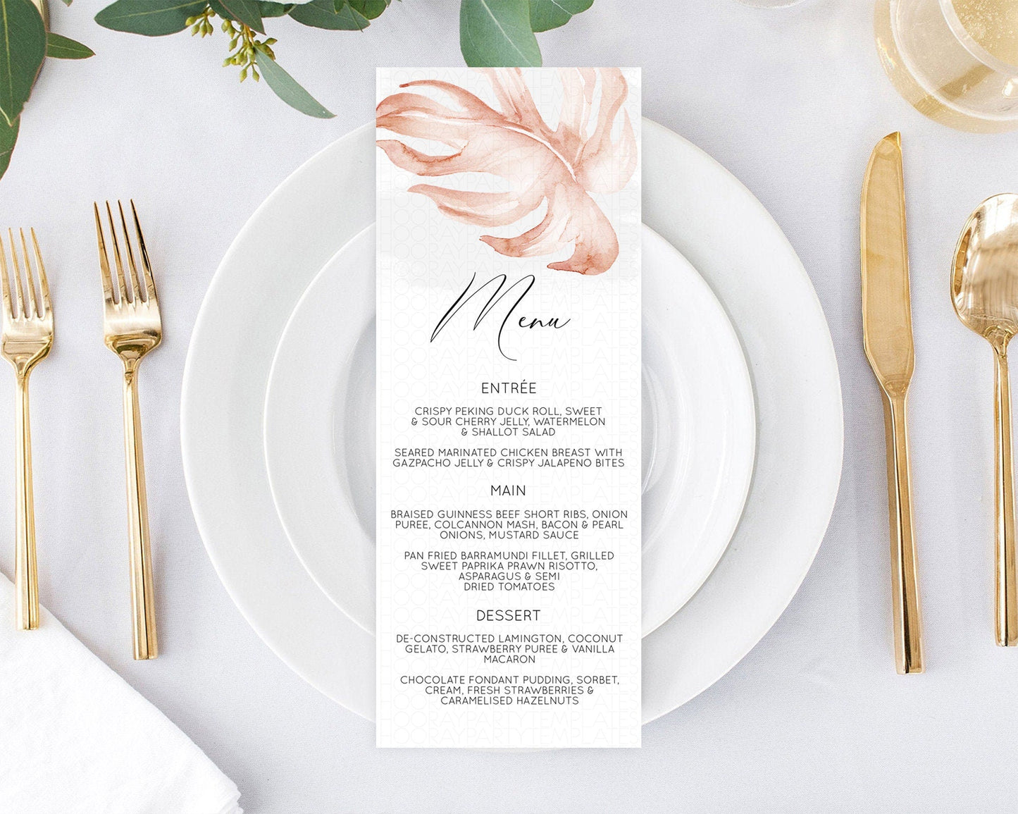 Tropical Menu Template Tropical Menu Palm Leaf Fern Table Decor Frangipani Floral White Orchid Dinner Dessert Menu Party Food Menu D11044