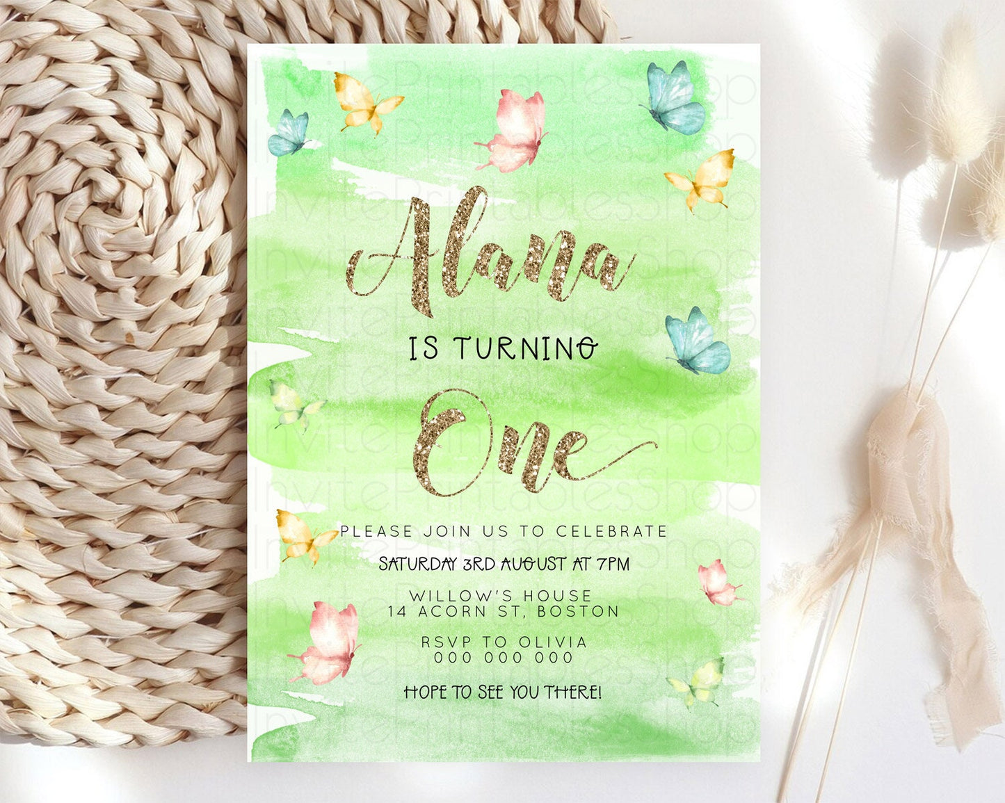 Pastel Butterfly Birthday Invitation Butterfly Birthday Invitation Colorful Splash Glitter Butterfly Garden 1st 2nd Birthday D23234