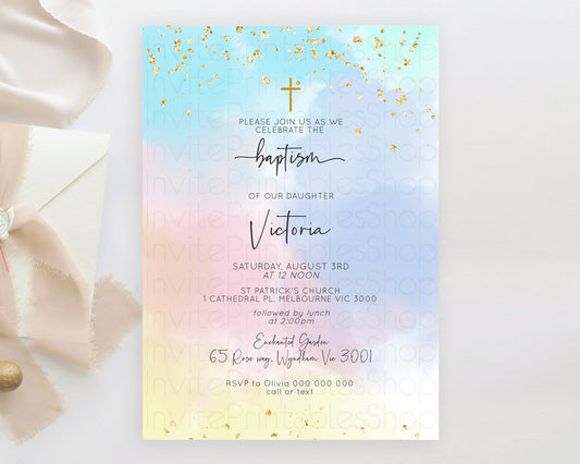 Pastel Baptism Invitation Pastel Colors Watercolor Baptism 1st Birthday Party Gold Ombre Pastel Rainbow Christening Holy Communion D10368