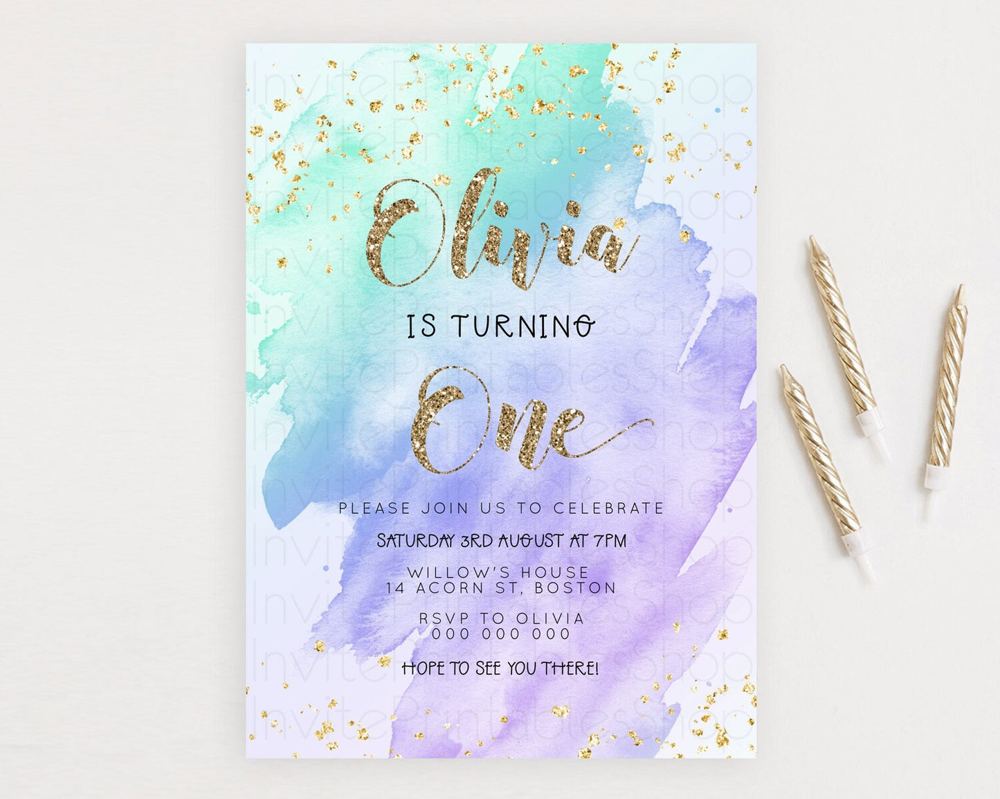 Rainbow Birthday Invitation Colorful Pastel Watercolor Invitation Gold Glitter Sprinkles Ombre Pastel 1st 2nd 3rd Birthday D23288