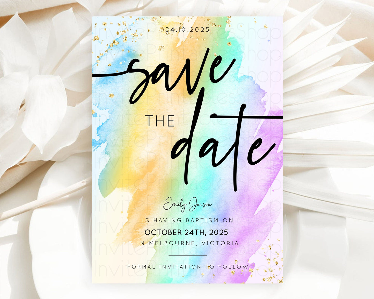 Pastel Save The Date Template Pastel Ombre Rainbow Watercolor Colorful Party For Birthday Baptism Baby Shower Wedding Bridal Shower D10425